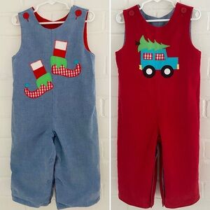 Kelly's Kids Toddler Boys Red Corduroy Reversible Christmas Overalls Size 2T